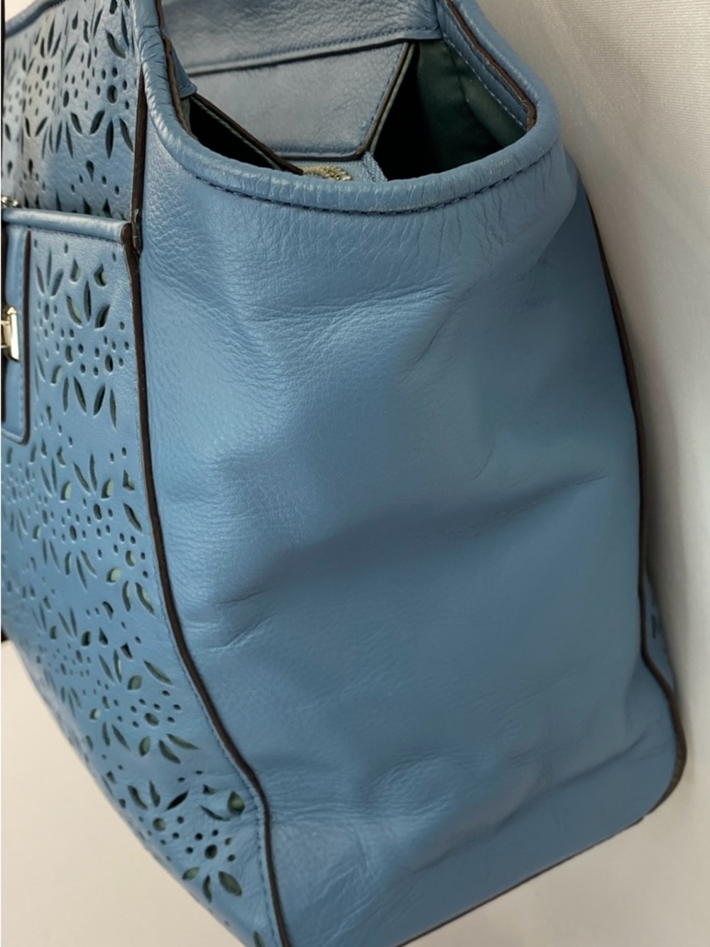 Coach Slate Blue Taylor Eyelet Leather 2 Handle Satchel F27391 Handbag Purse - Picture 4 of 15